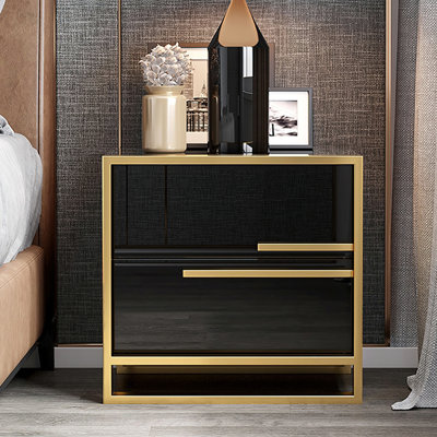Modern 2 drawer black lacquer nightstand in gold discount